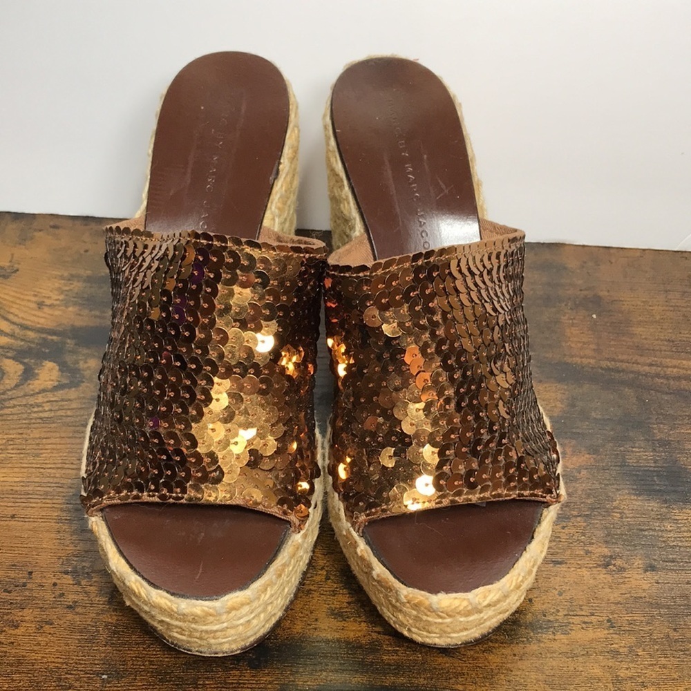 Marc by Marc Jacobs Bronze Sequence Platform Wedge Slip On Sandals 37 /6.5-7 Y2K - Picture 4 of 14
